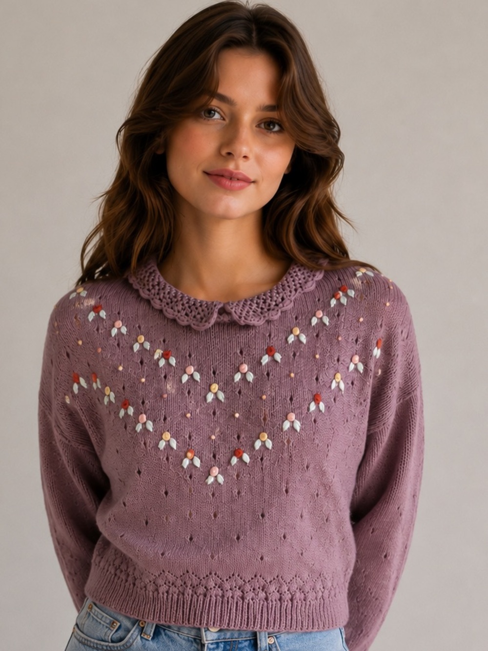 Vintage Dusty Lilac embroidered floral collar sweater, size S/M